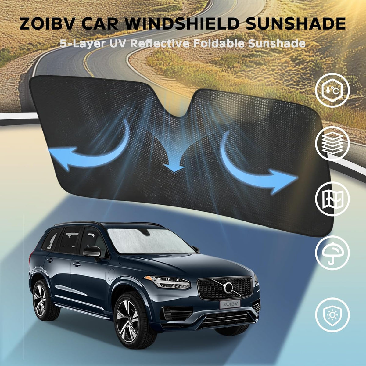 Windshield Sun Shade for Volvo XC90 2016-2025 - 5-Layer Bubble Foldable Front Window Shade Sun Visor Accessories - Blocks Heat & UV Rays
