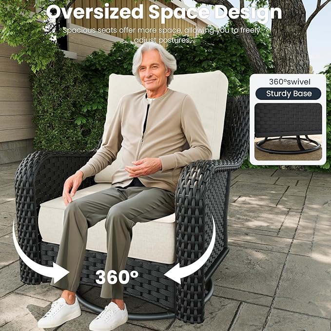 7 Pieces Outdoor Patio Furniture Sets with Rocking Swivel Chairs with 6-inch Thick Cushion and Fire Pit Table for Deck Lawn