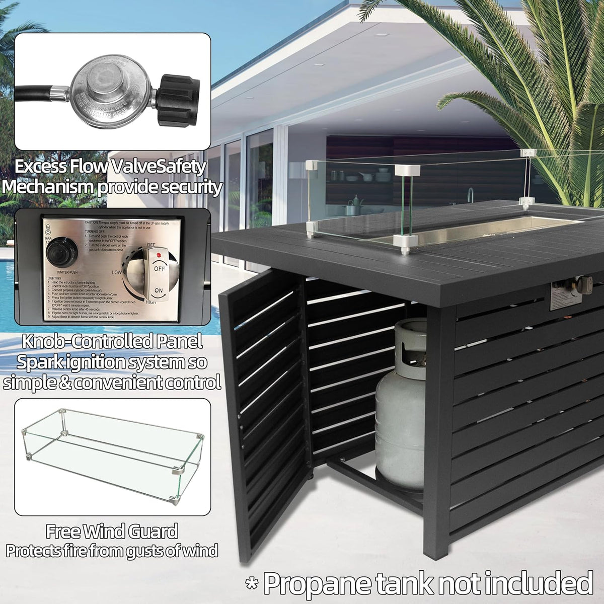 43.3 inch Outdoor Propane Fire Pit 2 in 1 Firepit Table Gas Fire Pit Table with Lid, Glass Wind Guard Rectangle Gas Firepit Table for Garden/Patio, CSA Certification (Dark Grey)