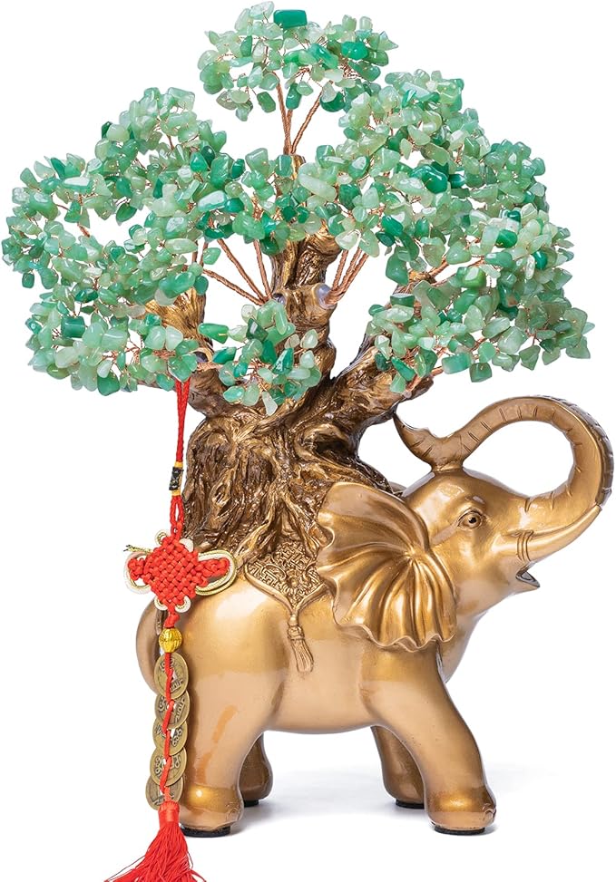 Green Aventurine Crystal Money Tree on Gold Elephant Statue, 17”Large Gemstone Bonsai Tree of Life Home Décor Gifts for Wealth Positive Energy, Feng Shui Décor