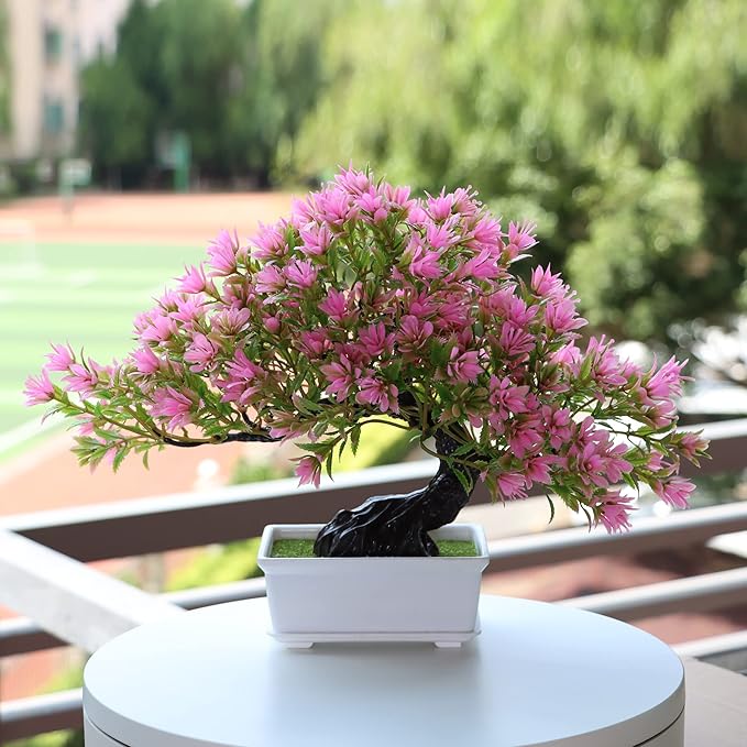 Fake Plants Plastic Artificial Bonsai Tree, Pink Room Decor Bonsai Tree for Home Bedroom Farmhouse Office Desk Decor, Tall 9.5"