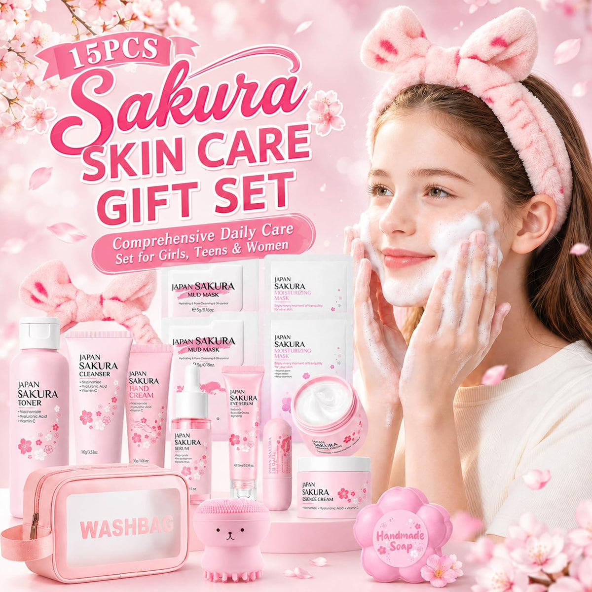 Sakura Skin Care Set for Kids Teen Girls, Birthday Christmas Gifts, 15 PCS