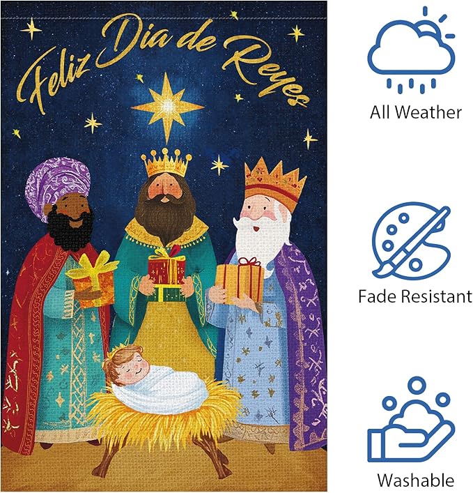 Heyfibro Feliz Dia De Reyes Garden Flag Three Kings Christmas Flags 12 x 18 Inch Double Sided Burlap,Nativity Christ Yard Banner for Xmas Winter Farmhouse Seasonal Decor(ONLY FLAG)