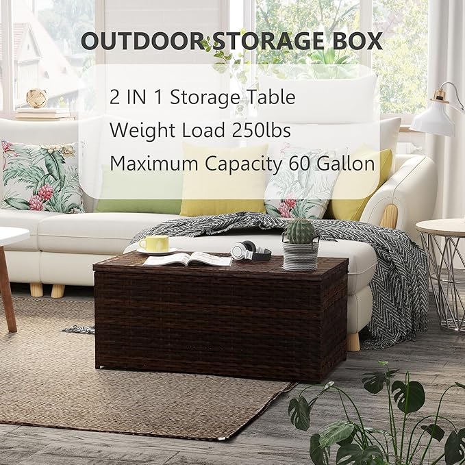 Outdoor 70 Gallon Wicker Storage Box with Waterproof Liner, Patio PE Rattan Storage Container for Outside, Deck Box with Hinged Lid for Cushions, Pillows, Towels, Horizontal Bin, Brown
