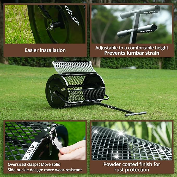 Compost Spreader 24 Inch Peat Moss Spreader with Installation Support Accessories, Metal Mesh Roller Lawn Spreader for Top Soil, Manure, Mulch, Top Dressing - Garden spreaders for lawns