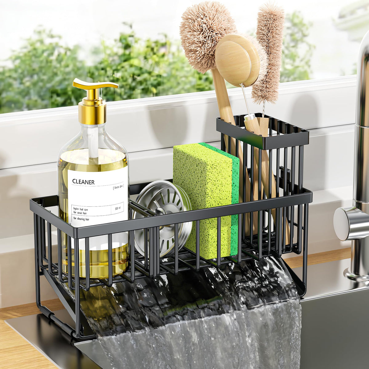 Cisily Sink Caddy Sponge Holder for Kitchen with Brush Holder and Stainless Steel Self Drain Tray, Rustproof Kitchen Sink Organizer for Sponge, Soap Dispenser Storage Accessories