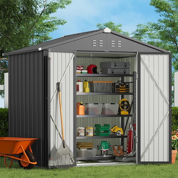 Gizoon Outdoor Storage Shed 8 x 6 FT, Galvanized Metal Garden Shed with Double Lockable Doors, Outdoor Storage Clearance for Backyard Patio Lawn-Dark Grey