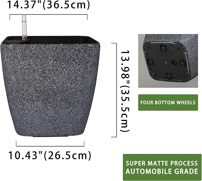 Dexceder 15x14 Self Watering Planter with Wheels Indoor Outdoor, Inner Mat Design, Thickened Large Floor Standing Flower Plant Pot with Water Level Indicator (Stone Matte)