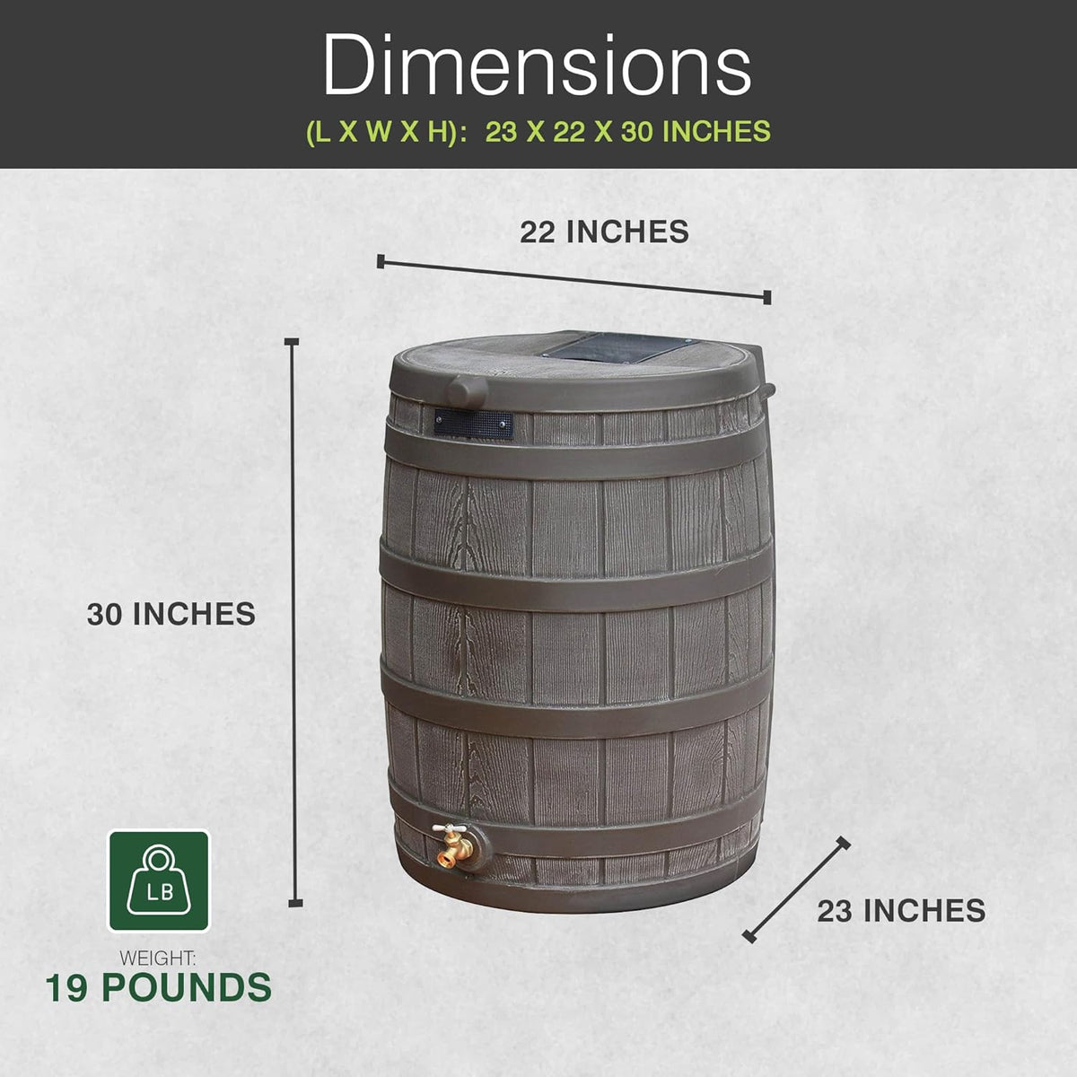 Good Ideas 50 Gallon Large Faux Wood Plastic Rain Water Barrel Collector with Brass Spigot for Rainwater Collection and Storage, Oak, 2 Pack