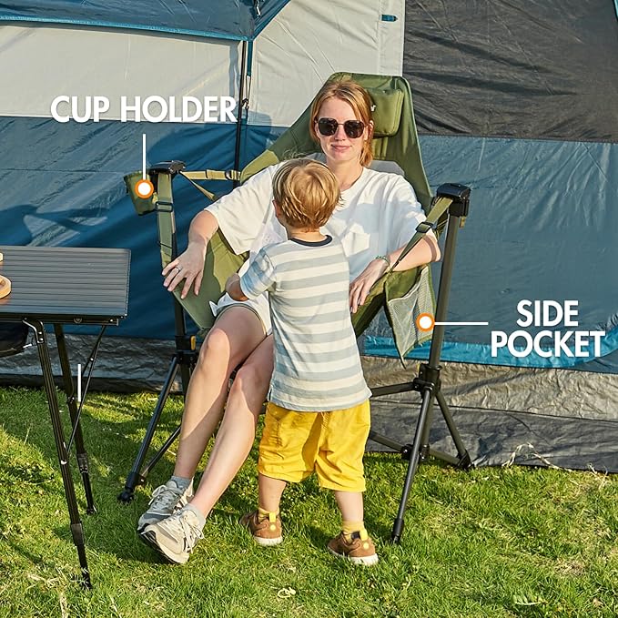 Portal Hammock Camping Chair, Portable Outdoor Swinging Chairs, Rocking Chair for Adults with Adjustable Back and Height for Lawn, Backyard, Patio, Supports 400 lbs, Breathable Mesh High Back, Green