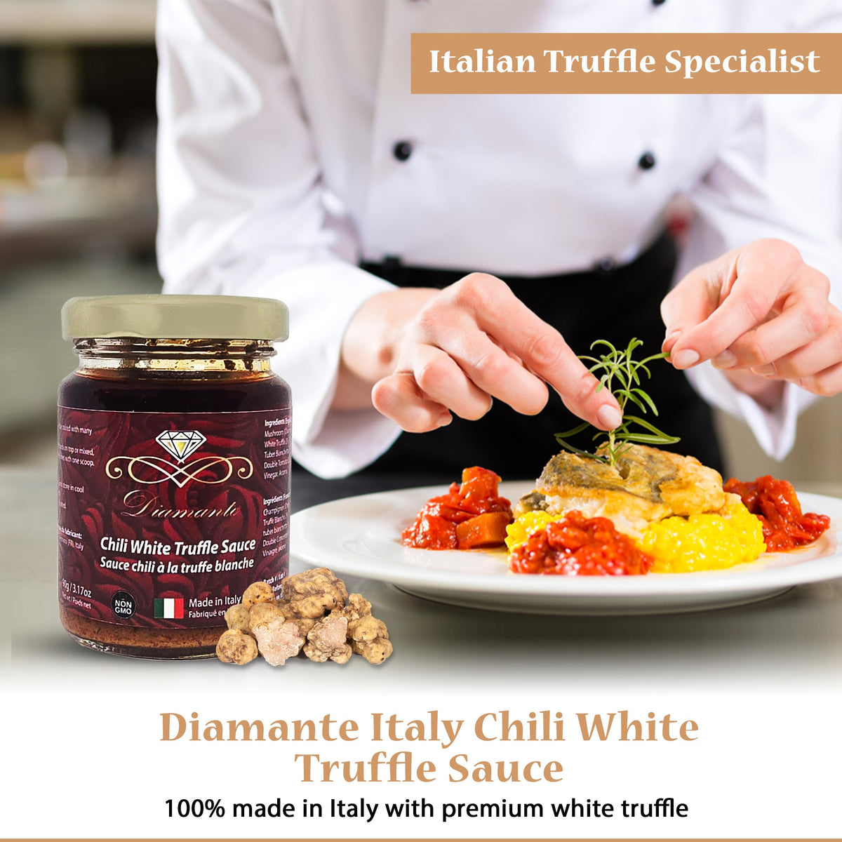 Diamante Italy Chili Truffle Sauce with White Truffles - Hot Sauce for All Cuisines - Authentic Italian Gourmet White Truffle & Mushroom Hot Sauce