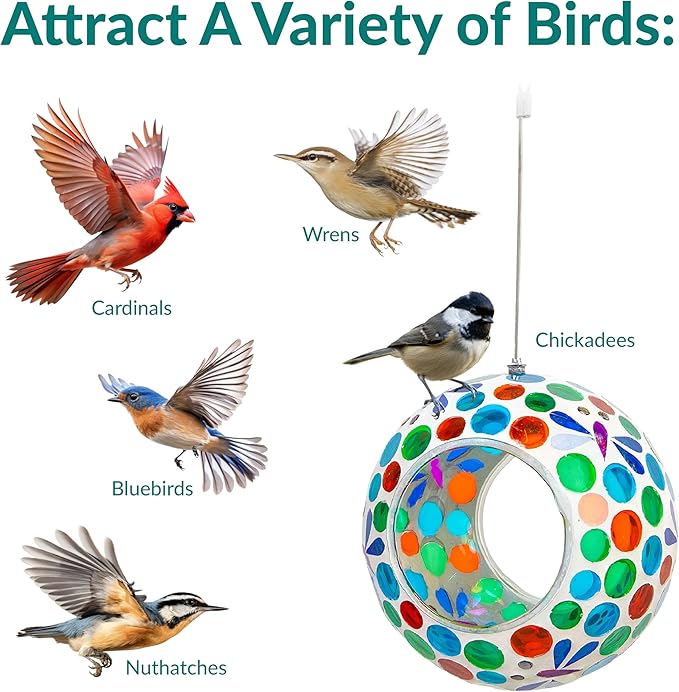 Sunnydaze 6-Inch Glass Mosaic Hanging Bird Feeder for Outdoors - Fly-Through Wild Bird Feeder - Dragonfly Dreams