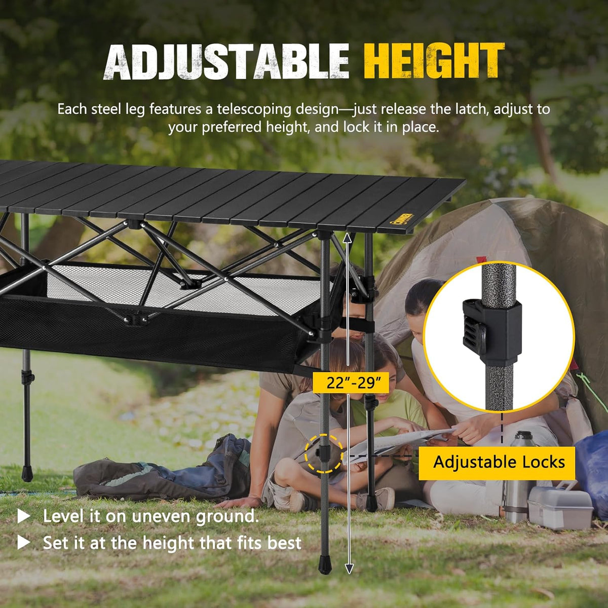 BUNKER INDUST Folding Camping Table, Outdoor Portable Roll-Top Aluminum Table with Carry Bag for Picnic,Beach,BBQ,Backyards, Adjustable Height