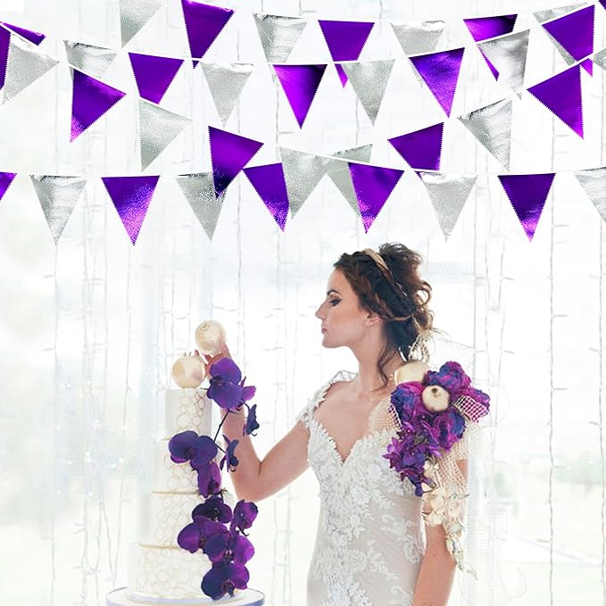 Purple and Silver Party Decorations Triangle Pennant Banner Flag Metallic Fabric Bunting Garland for Birthday Graduation Retirement Bachelorette Wedding Bridal Shower Engagement Disco Party Supplies