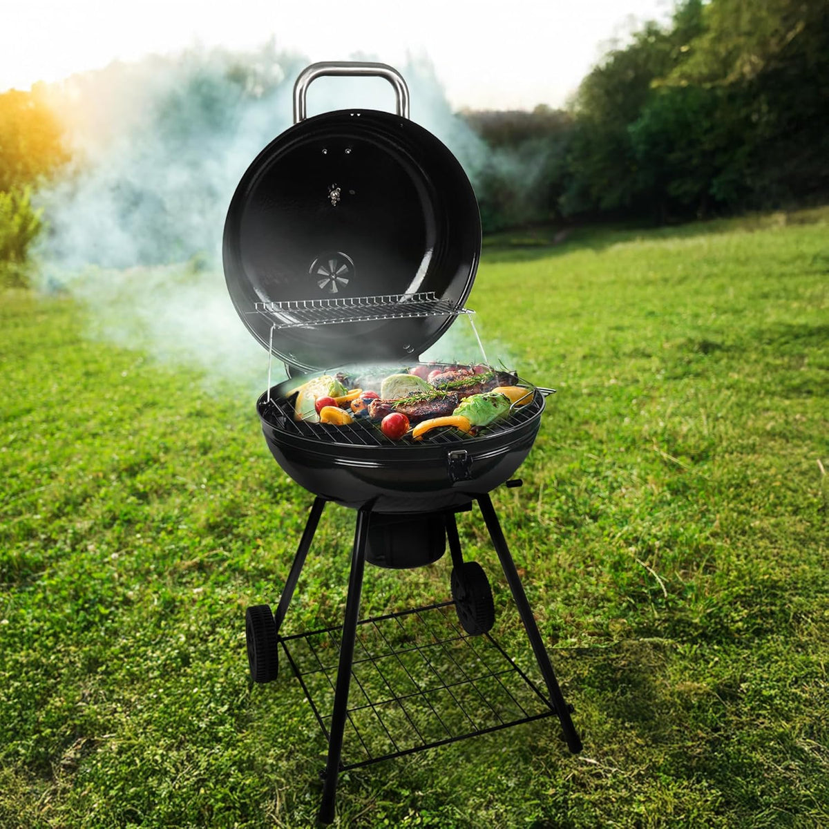 Grill Boss Charcoal Kettle Grill with Large 22-Inch Cooking Area - Includes Warming Rack, Bottom Storage Shelf, Ash Catcher & Wheels for Outdoor BBQ, Tailgating, Camping & Backyard Grilling