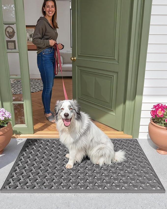 Color&Geometry Door Mat Outside Entrance with Drainage, Rubber Heavy Duty Dirt Trapper Waterproof Outdoor Welcome Mat, Outdoor Mats All Weather for Front Back Door Patio Entryway Entry, 24"X36" Grey
