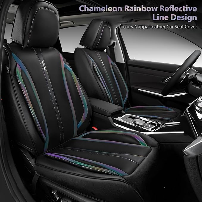 CAR PASS Nappa Leather Seat Covers Front Seats Only, Waterproof Faux Leather car Seat Cover 2 Piece Cushions Protector Universal Fit for SUV Truck Automotive Vehicle, Chameleon Iridescent Reflective
