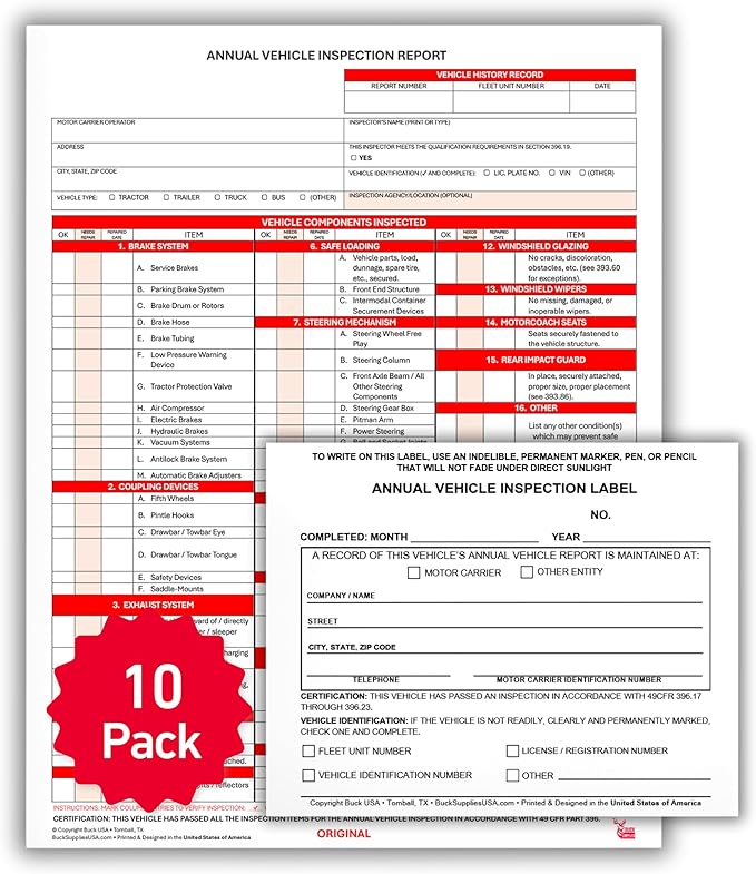 10 Pack 3-Ply Carbonless Annual Vehicle Inspection Report Forms with FMCSA 2-Ply Mylar Laminate Adhesive Vinyl Labels, DOT Inspection Forms and Stickers, Shrink-Wrapped, 8.5" x 11.75" - Made in USA