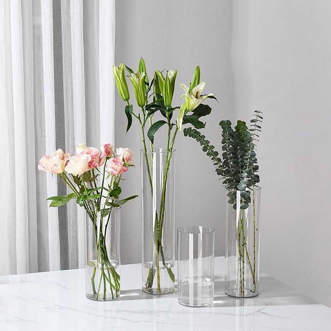 Clear Flower Vase, Non-breakable Vases, 4" W x 4" H, Acrylic Vase, Aesthetic Room Decor Cylindrical Modern Flower Vases for Table Centerpiece, Home Decor, Women Floral Arrangement Gift