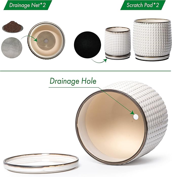 D'vine Dev 8 Inch 6 Inch Ceramic Indoor Planter Pots with Drainage Hole and Saucer, Beaded Design Flower Pots, Set of 2, Smoked White, 27-D-P-1