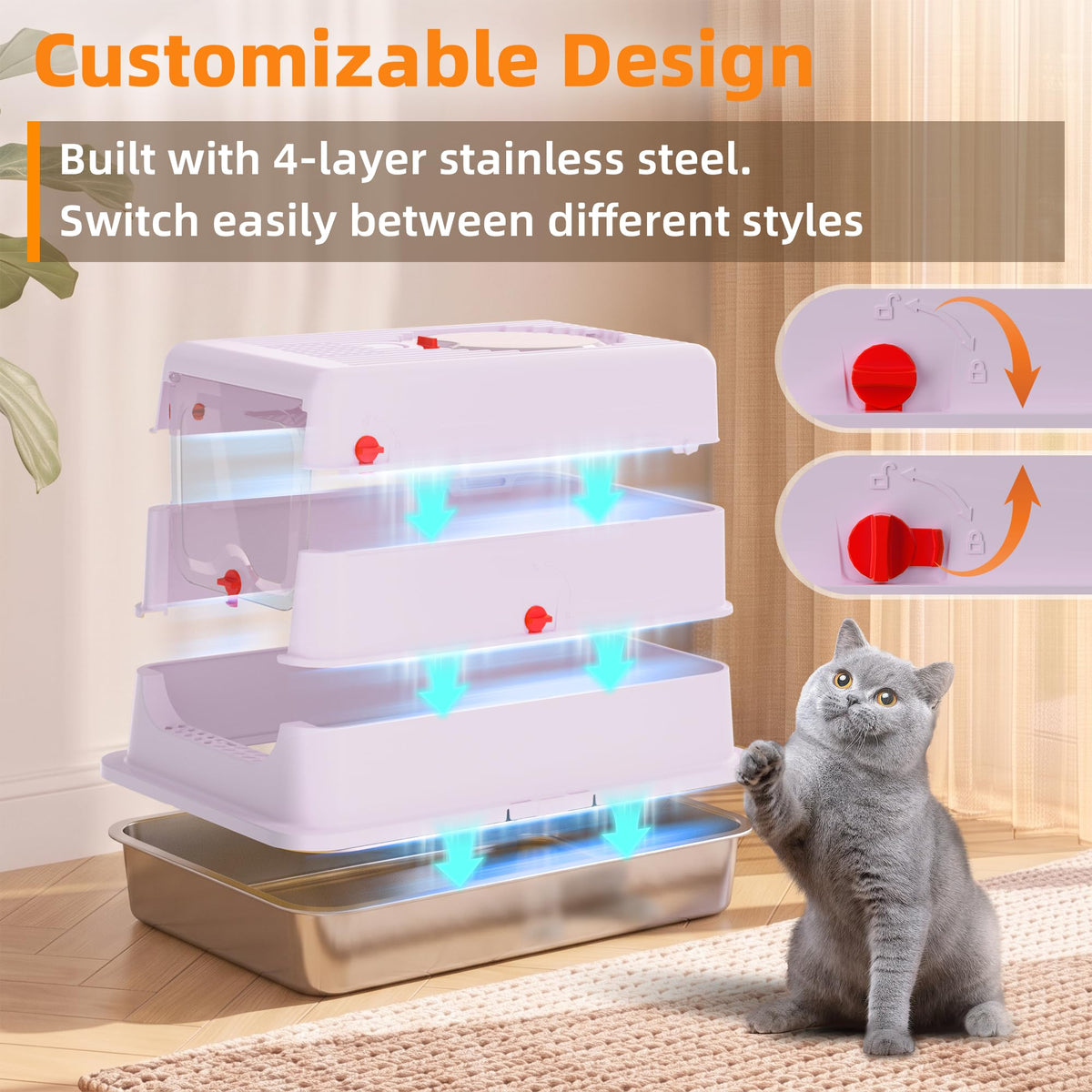4-in-1 Stainless Steel Cat Litter Box with Flip Lid and High Sides, Lilac