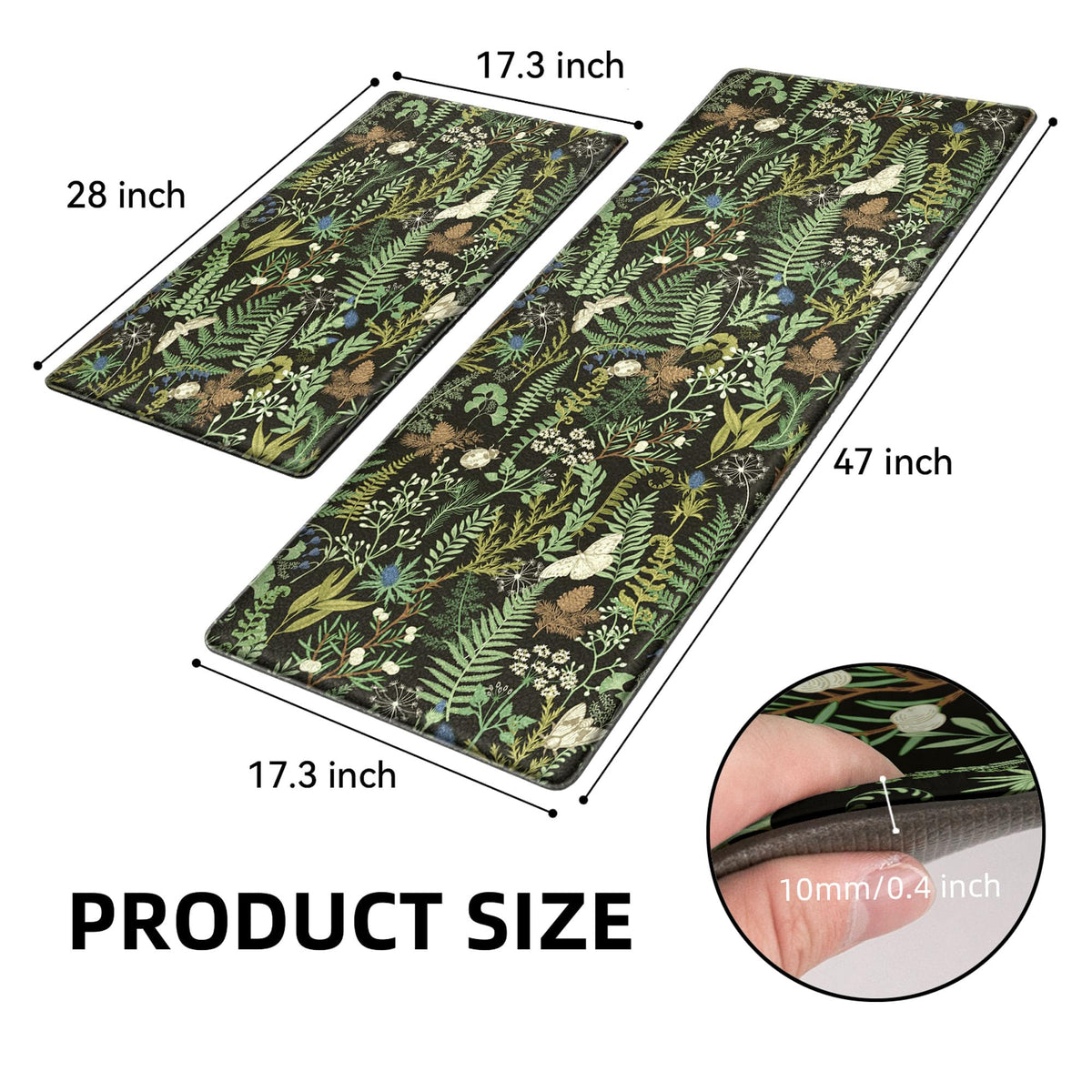 keensoft 2PCS Botanical Kitchen Rugs Set, Black Green 17.3"x28" + 17.3"x47"