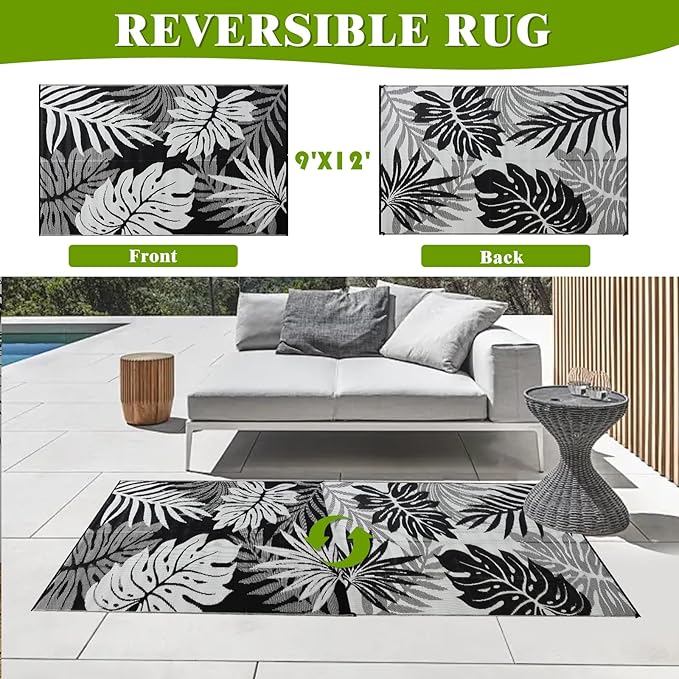 Outdoor Rug 9x12 ft Waterproof, Reversible Outdoor Plastic Straw Rug for Patios Clearance, Outdoor Area Rug Carpet RV Mat for Camping Backyard Deck Porch