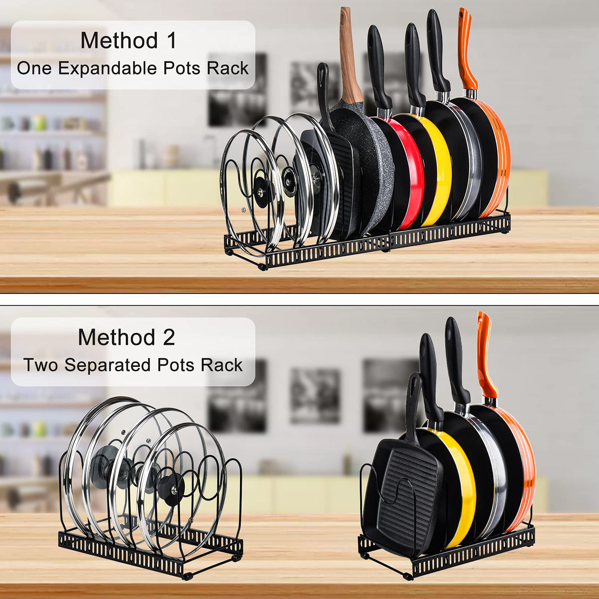 Toplife Pots and Pans Organizer Rack for Cabinet and Countertop, 10+ Pot Lids, Bakeware and Cookware Holder with 10 Adjustable Compartments - Black