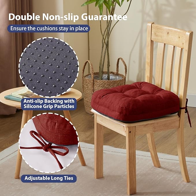 Chair Cushions for Dining Chairs, Dining Chair Cushions, Tufted Indoor Chair Pads with Ties & Non Slip Backing, Seat Cushions for Kitchen Chairs 16.5” x 16.5” x 3.5”, Set of 4, Red