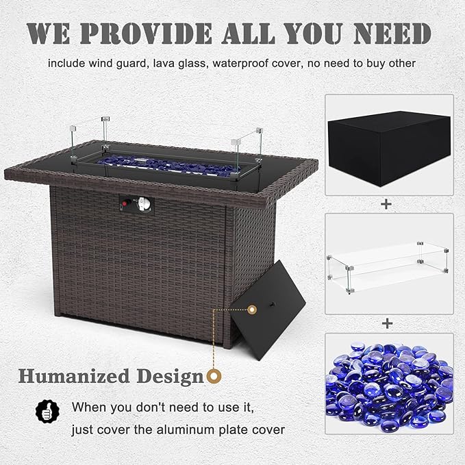 Propane Fire Pit Table,44 Inch 55000 BTU Outdoor Gas Fire Pit Rectangular with Glass Wind Guard for Outside Patio Deck (Brown-Glass Top)
