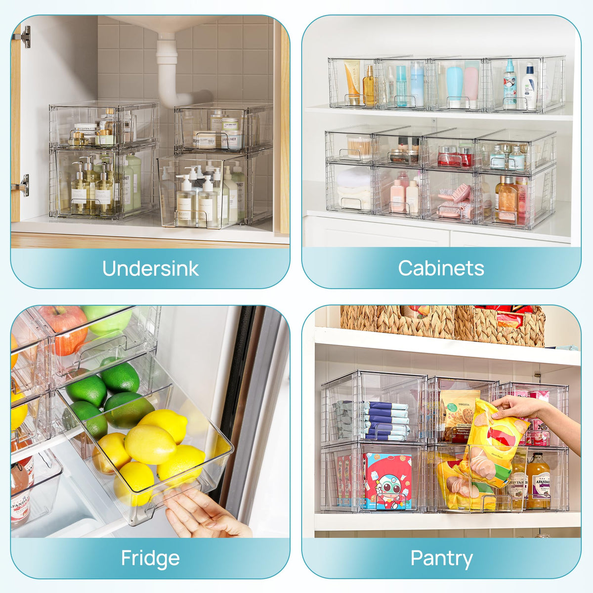 Vtopmart Clear Stackable Storage Drawers, 4 Pack Kitchen Cabinet Set