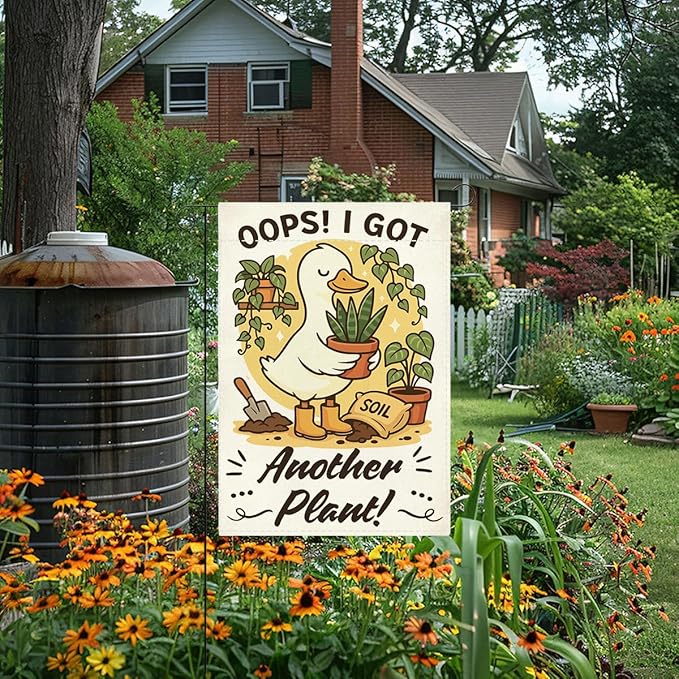 Funny Silly Goose Garden Flag Oops I Got Another Plant Lover Gift Outdoor Decorations Small Double Sided Burlap art Stained Glass Style Garden Flags 12 x 18 Inch for Outside