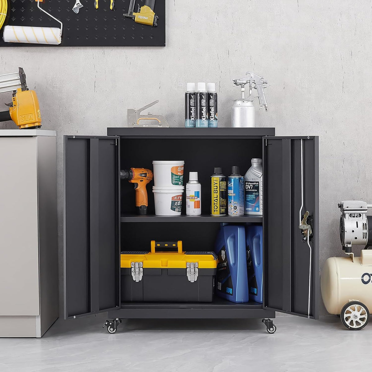LUCYPAL Metal Storage Cabinet with Wheels,Steel Locking Storage Cabinet with Adjustable Shelves and 2 Doors,31.5" H Garage Cabinet for Home Office,Black