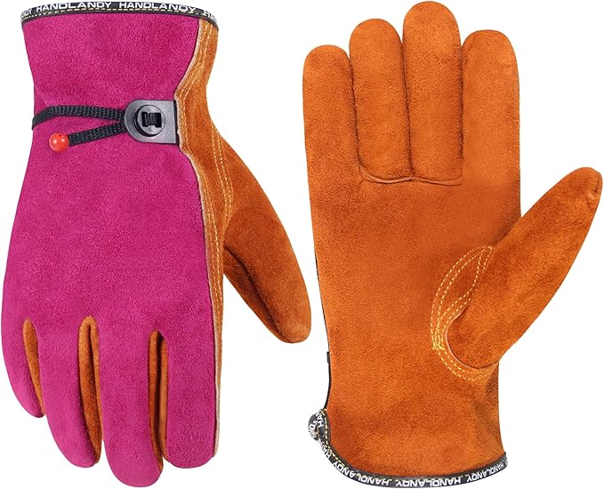 HLDD HANDLANDY Leather Work Gloves for Men & Women, Adjustable Wrist Cowhide Gardening Glove with Reinforced Palm for Driver