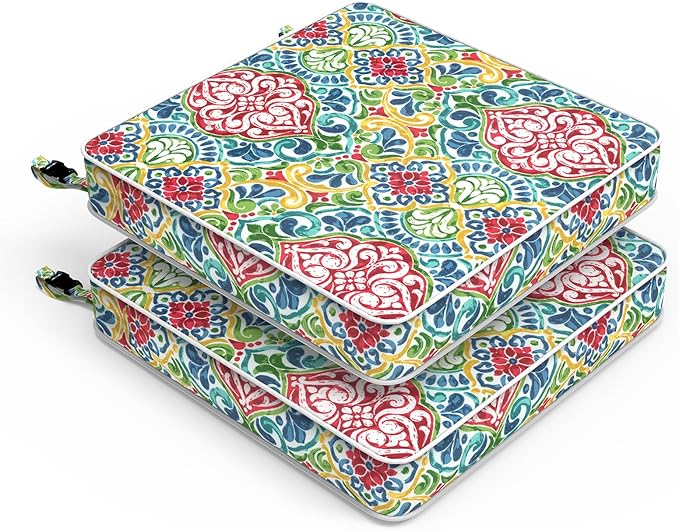 LVTXIII Patio Chair Cushions 22"x22"x3", Water-Repellent Outdoor Seat Cushions for Patio Furniture, Square Chair Pads with Ties for Home Garden Decoration, Set of 2, Damask Red