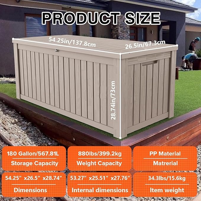 180 Gallon Resin Deck Box, Waterproof Outdoor Storage Bin for Patio Furniture, Pool Accessories, and Garden Tools, Lockable & UV-Resistant, Grey