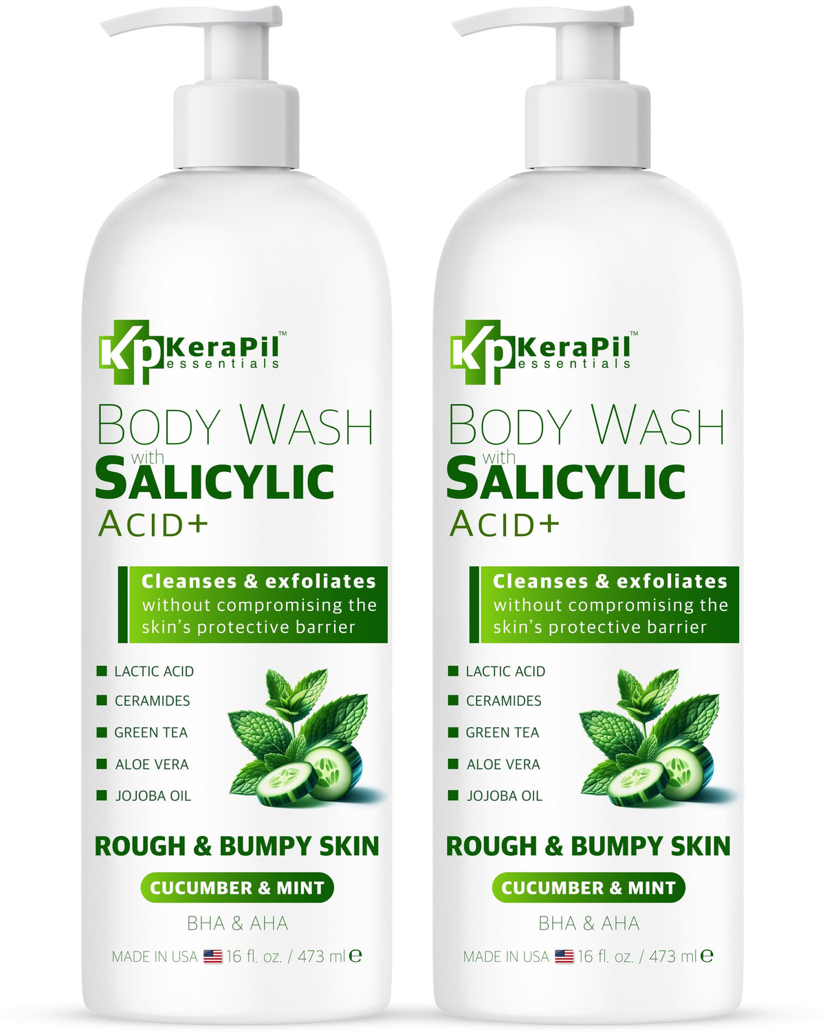 KERAPIL Exfoliating Body Wash, Cucumber and Mint, 16 fl oz x 2