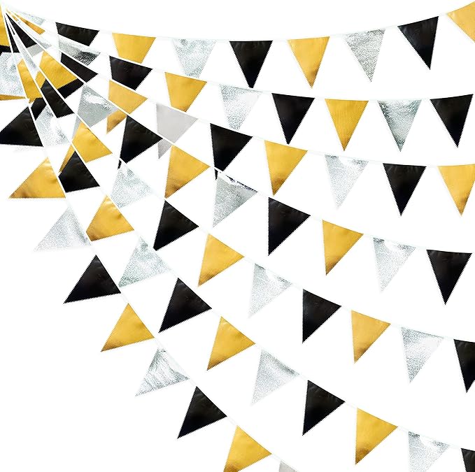 Black Gold Silver Party Decoration Triangle Pennant Banner Flag Metallic Fabric Bunting Garland for Birthday Graduation Anniversary Wedding Bridal Shower Bachelorette Engagement Disco Party Supplies