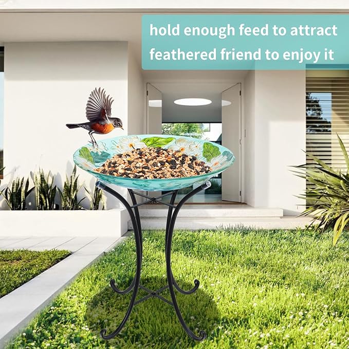 VCUTEKA 18" Outdoor Glass Birdbath with Sturdy Metal Stand for Lawn, Yard, or Garden Decor Bird Lovers Gift, Hummingbird Bird Bath Detachable, 22" Height