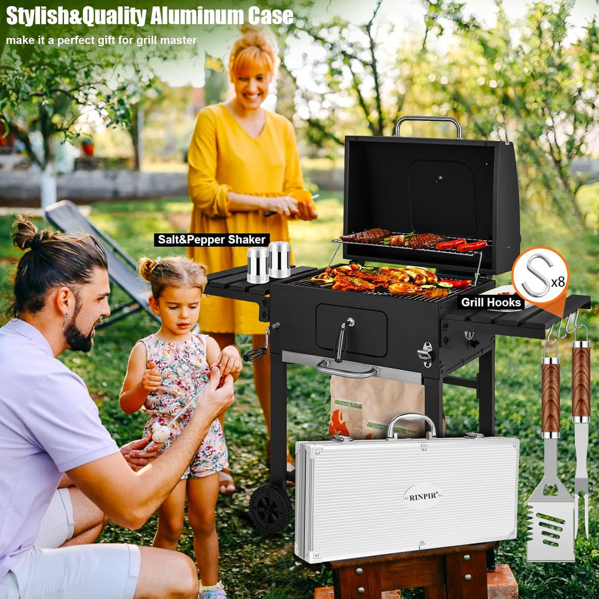 35pcs Deluxe Grilling Gifts Set for Birthday Fathers Day, Stainless Steel BBQ Accessories Kit for Men Dad, Professional Grill Tools Utensils with Scissors, Meat Claws in Aluminum Case Brown