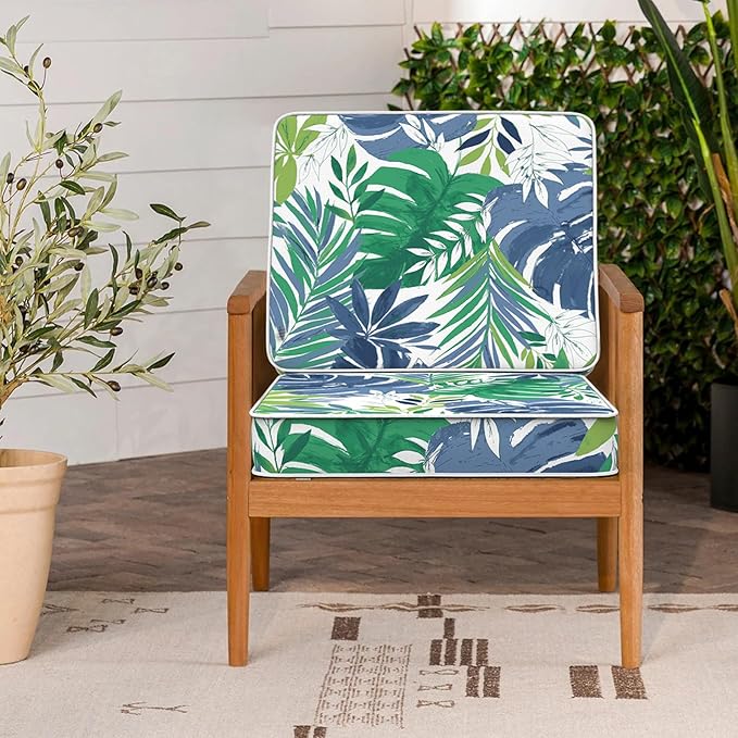 LVTXIII Patio Chair Cushions 22"x22"x3", Water-Repellent Outdoor Seat Cushions for Patio Furniture, Square Chair Pads with Ties for Home Garden Decoration, Set of 2, Islamorada Blue Green