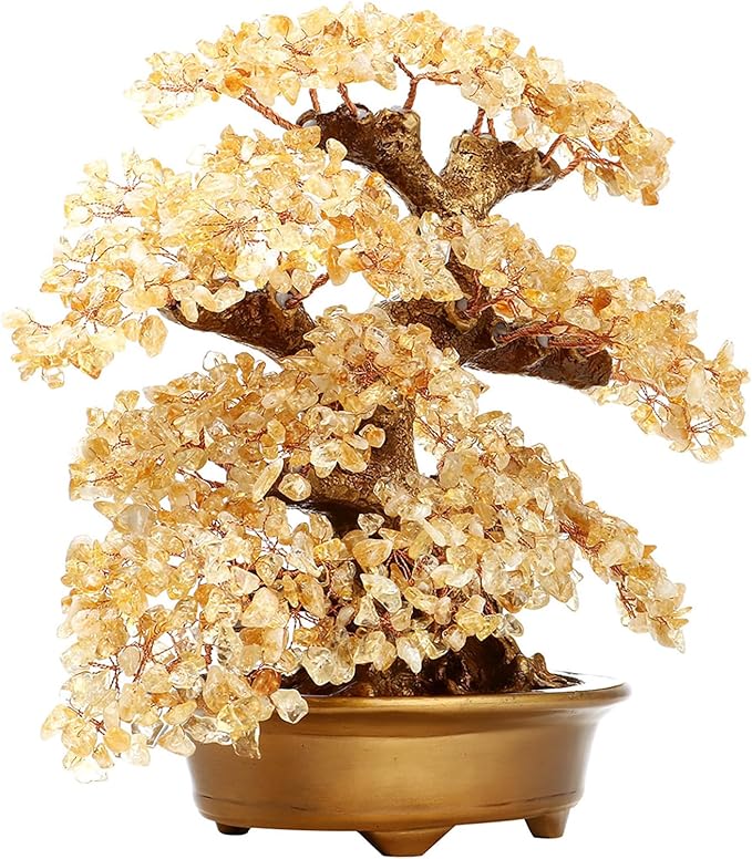 Feng Shui Money Tree Large Pine Tree Style Crystal Quartz Lucky Tree Gem Tree for Office Home Feng Shui Decoration for Wealth/Fortune and Luck (Yellow)