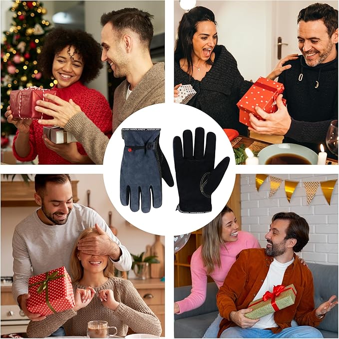 HLDD HANDLANDY Leather Work Gloves for Men & Women, Adjustable Wrist Cowhide Gardening Glove with Reinforced Palm for Driver