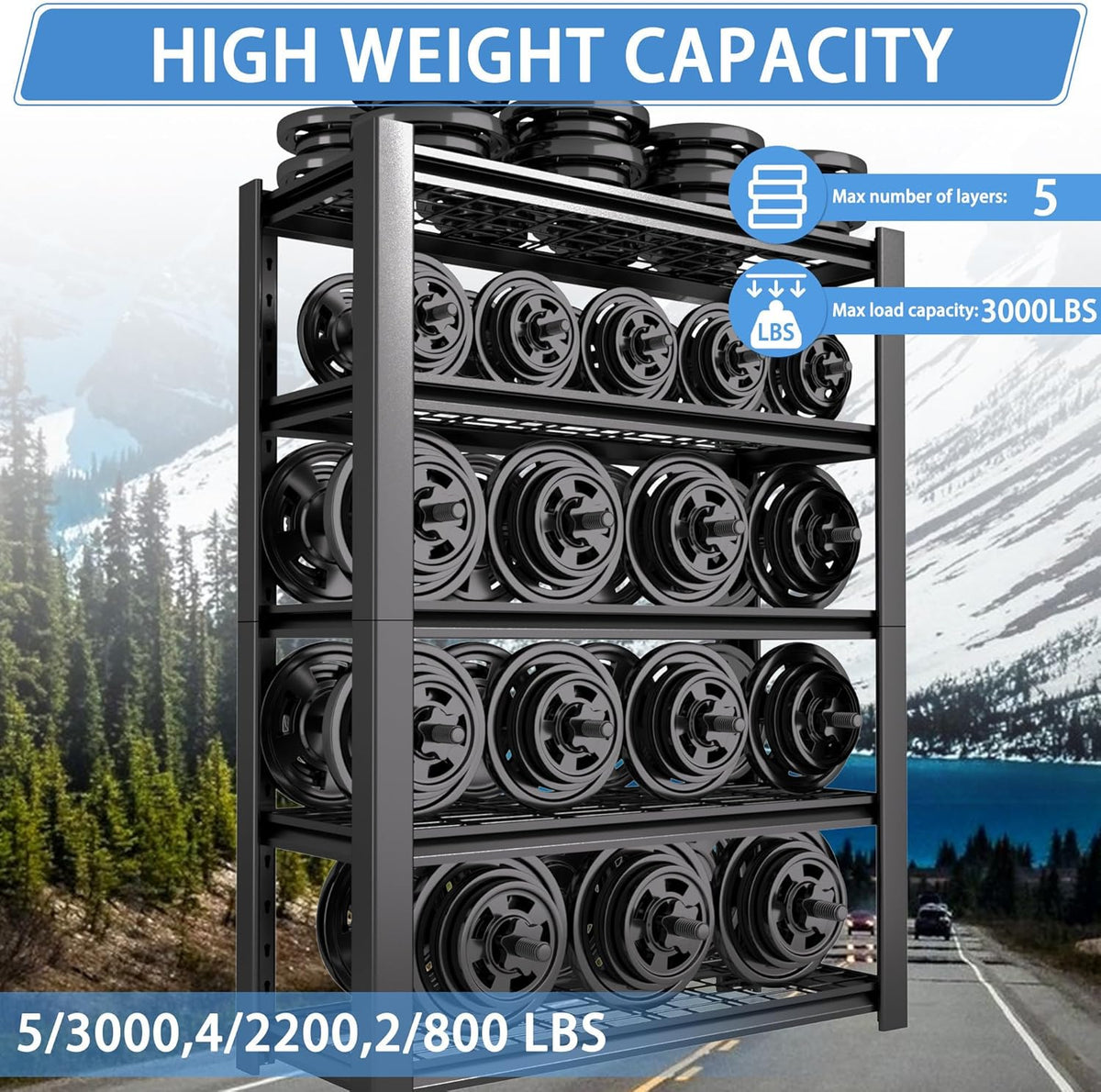5-Tier Heavy Duty Garage Shelving Unit with Wire Shelves,3000 LBS Capacity Metal Storage Rack 72"H x 48"W x 20"D,Adjustable Boltless Steel Shelves for Garage,Basement,Pantry,Warehouse.2 Pack