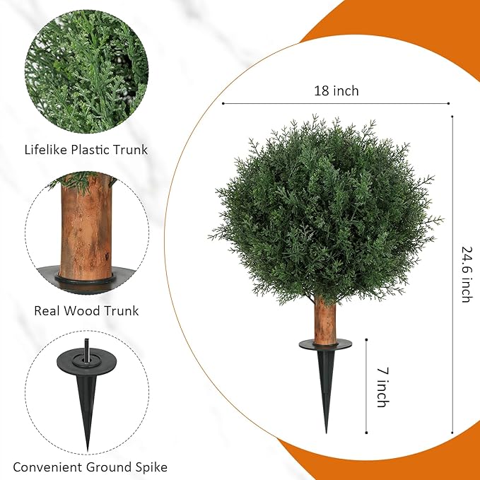 Artificial Cedar Topiary Ball Trees with Ground Spike Set of 2, 24.6 inch UV-Resistant Faux Shrubs for Indoor/Outdoor Decor – Fake Cypress Perfect for Garden, Porch, and Patio