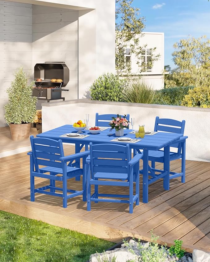 Patio Dining Set for 4 with Umbrella Hole - 66" Outdoor Table & 4 Chairs, All-Weather HDPE Outdoor Furniture for Lawn, Garden, Backyard, Poolside, Navy