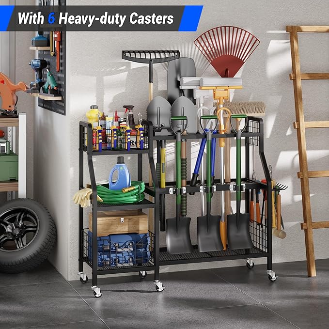 keomaisyto Garden Tool Organizer with 6 Wheels(3 lockable), Heavy Duty Yard Tool organizer with 2 Basket, Large Metal Garage Tool Organization and Storage for Garage/Shed/Yard/Broom Closet/Lawn