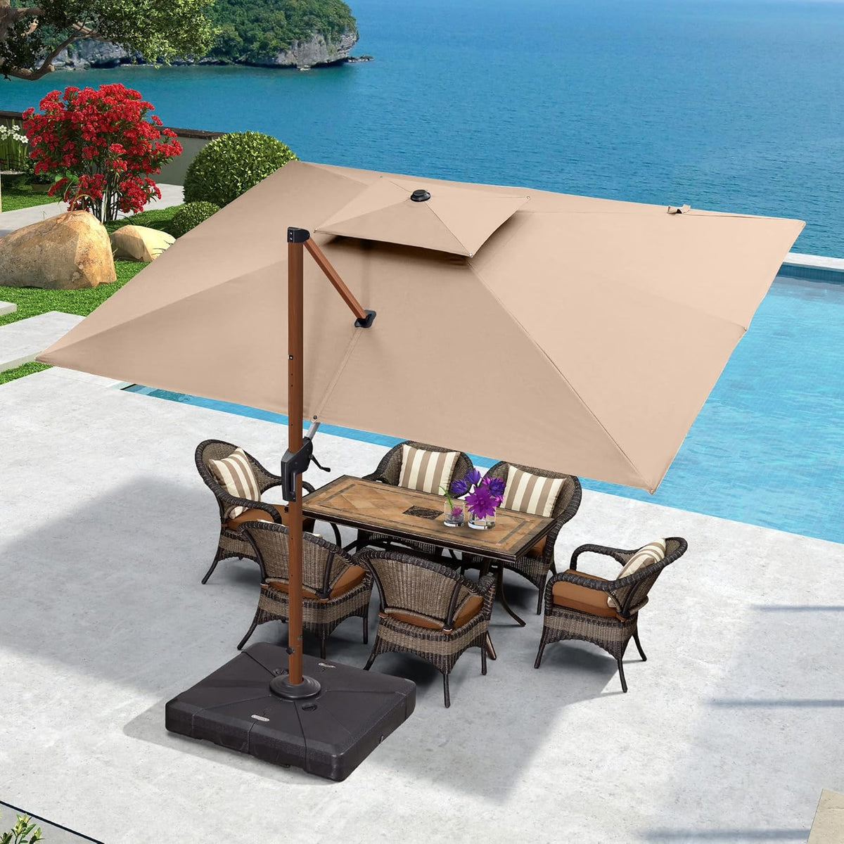 PURPLE LEAF 9' X 12' Double Top Deluxe Wood Pattern Rectangle Patio Umbrella Offset Hanging Umbrella Outdoor Market Umbrella Garden Umbrella, Beige