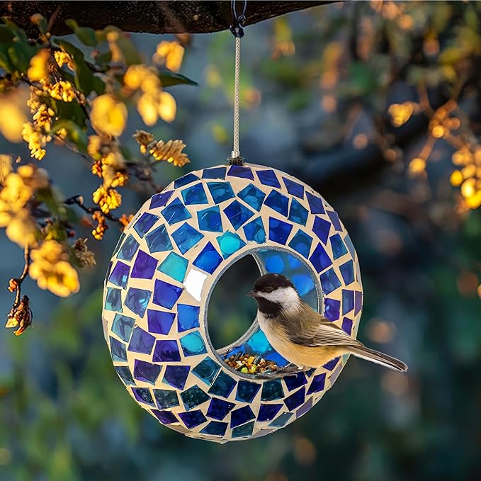 Sunnydaze 6-Inch Glass Mosaic Hanging Bird Feeder for Outdoors - Fly-Through Wild Bird Feeder - Blue Mosaic