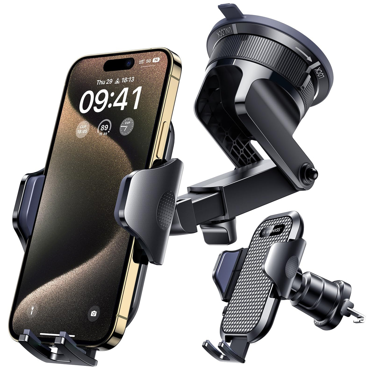 [True Military-Grade] Car Phone Holder VANMASS [Upgraded Strongest Suction&Clip] Cell Phone Mount for Dashboard Windshield Vent Kit, Truck Cradle Stand for iPhone 18 Pro Max 17 16 15 Android,Ink Black